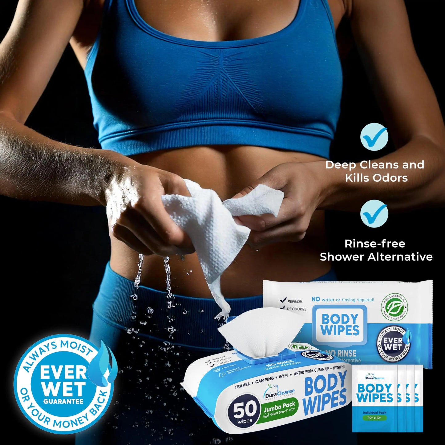 XL Body Wipes for Adults Bathing No Rinse - 50 Ct. + 4 Travel Shower Wipes - 9"x12" Thick Cleansing Bath Wash Wipes for Elderly Incontinence - Disposable Washcloths, Camping Essentials for Women & Men Duracleanse