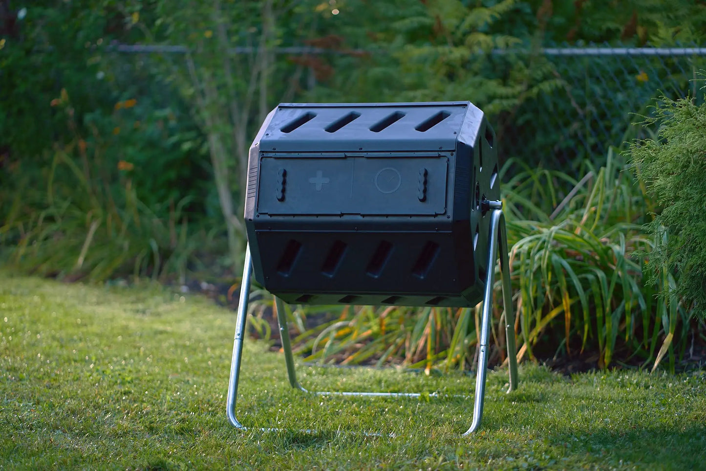 FCMP Outdoor IM4000 Dual Chamber Tumbling Composter Canadian-Made, 100% Recycled Resin - Outdoor Rotating Compost Tumbler Bin for Garden, Kitchen, and Yard Waste, Black (37 Gallon) - Planet First Market