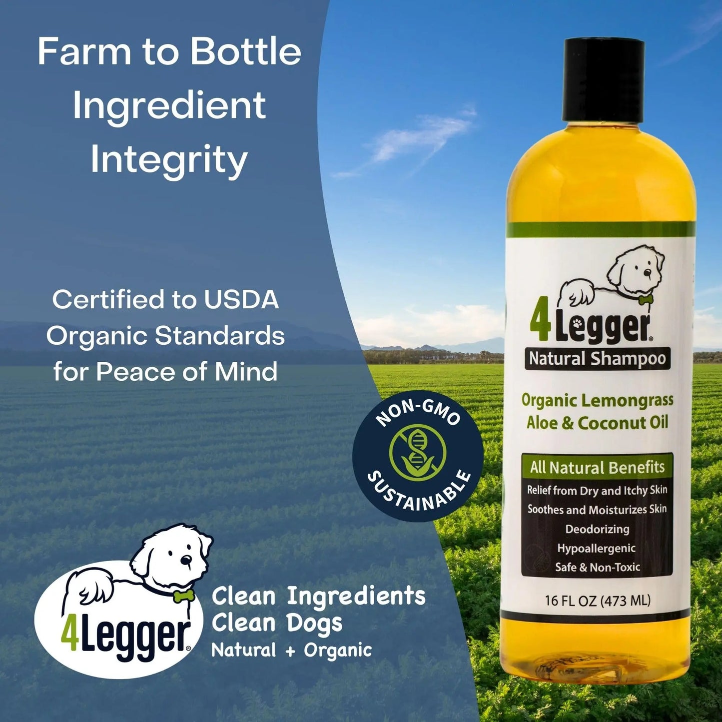 4-Legger Certified Organic Dog Shampoo - All Natural and Hypoallergenic with Aloe and Lemongrass, Soothing for Normal, Dry, Itchy or Allergy Sensitive Skin - Biodegradable - Made in USA - 16 oz 4Legger