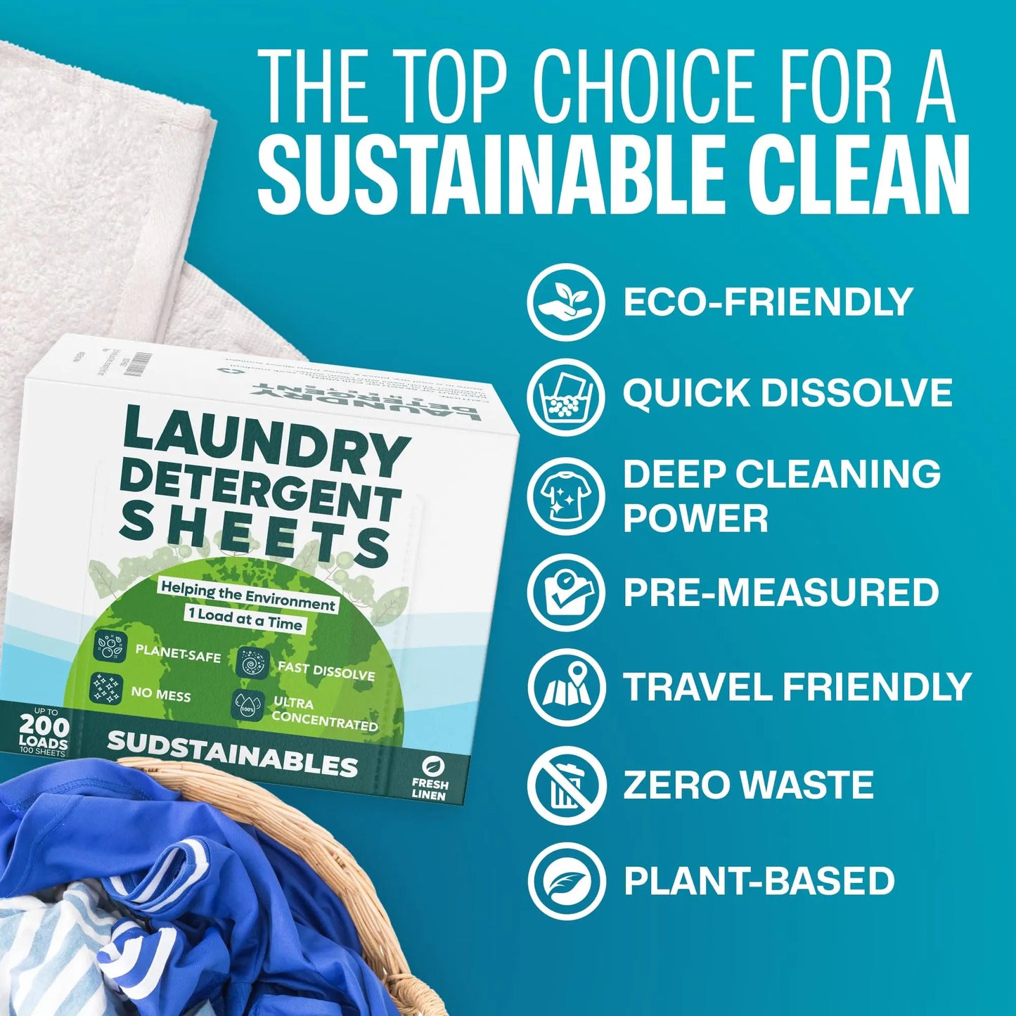 Eco Friendly Laundry Detergent Sheets (100 sheets 200 loads) - Plant based Free and Clear Strips for HE machine, Travel Friendly, Home Clothes Washing (Fresh Linen) - Planet First Market