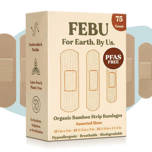 FEBU Eco-Friendly Organic Bamboo Fabric Bandages | PFAS Free Flexible Fabric Bandages | Latex Free Bandage | Natural Hypoallergenic Bandage for Scrapes, Cuts & First Aid | 75 Count Pack - Planet First Market