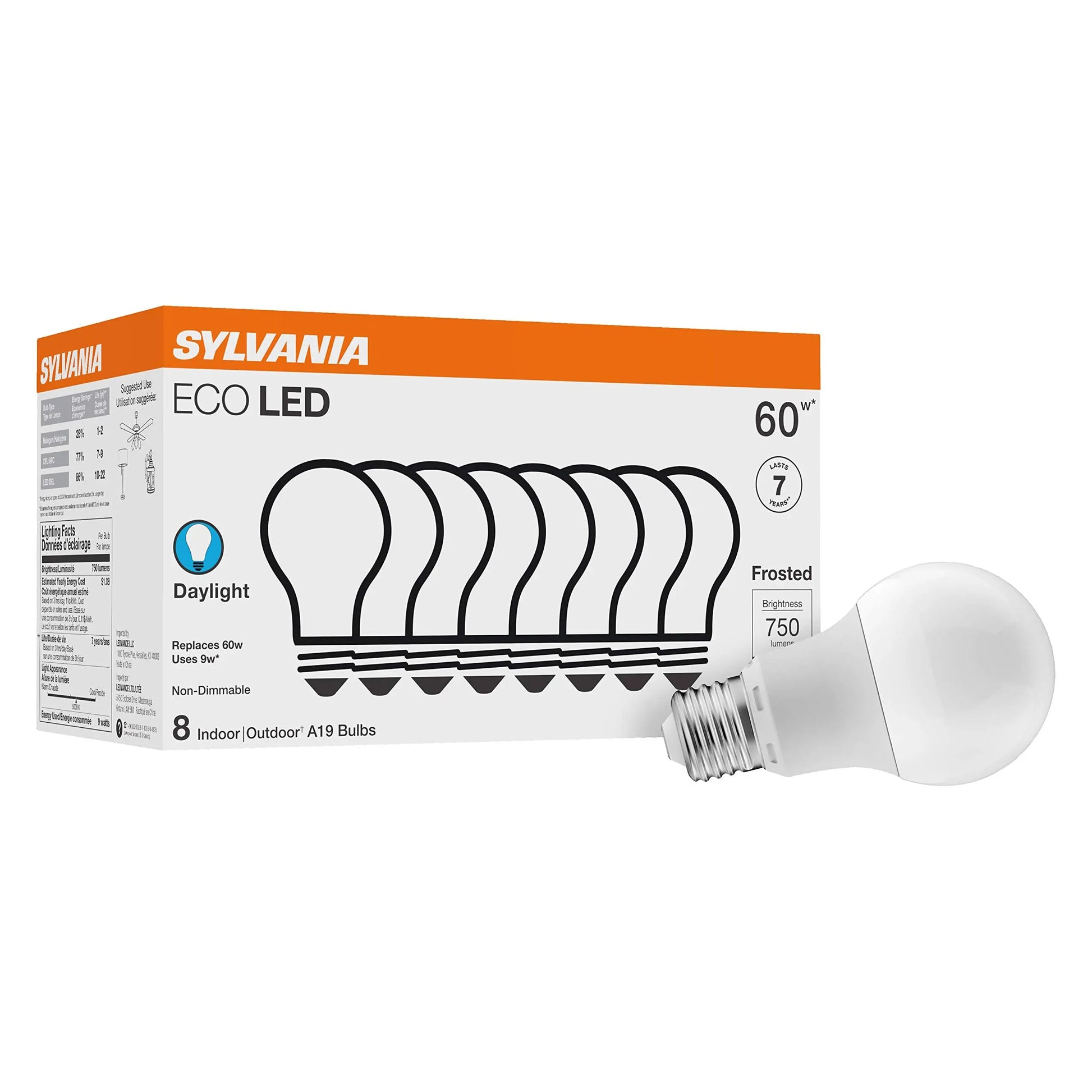 SYLVANIA ECO LED A19 Light Bulb, 60W Equivalent, Efficient 9W, 7 Year, 750 Lumens, Non-Dimmable, Frosted, 5000K, Daylight - 8 Count (Pack of 1) (40883) - Planet First Market