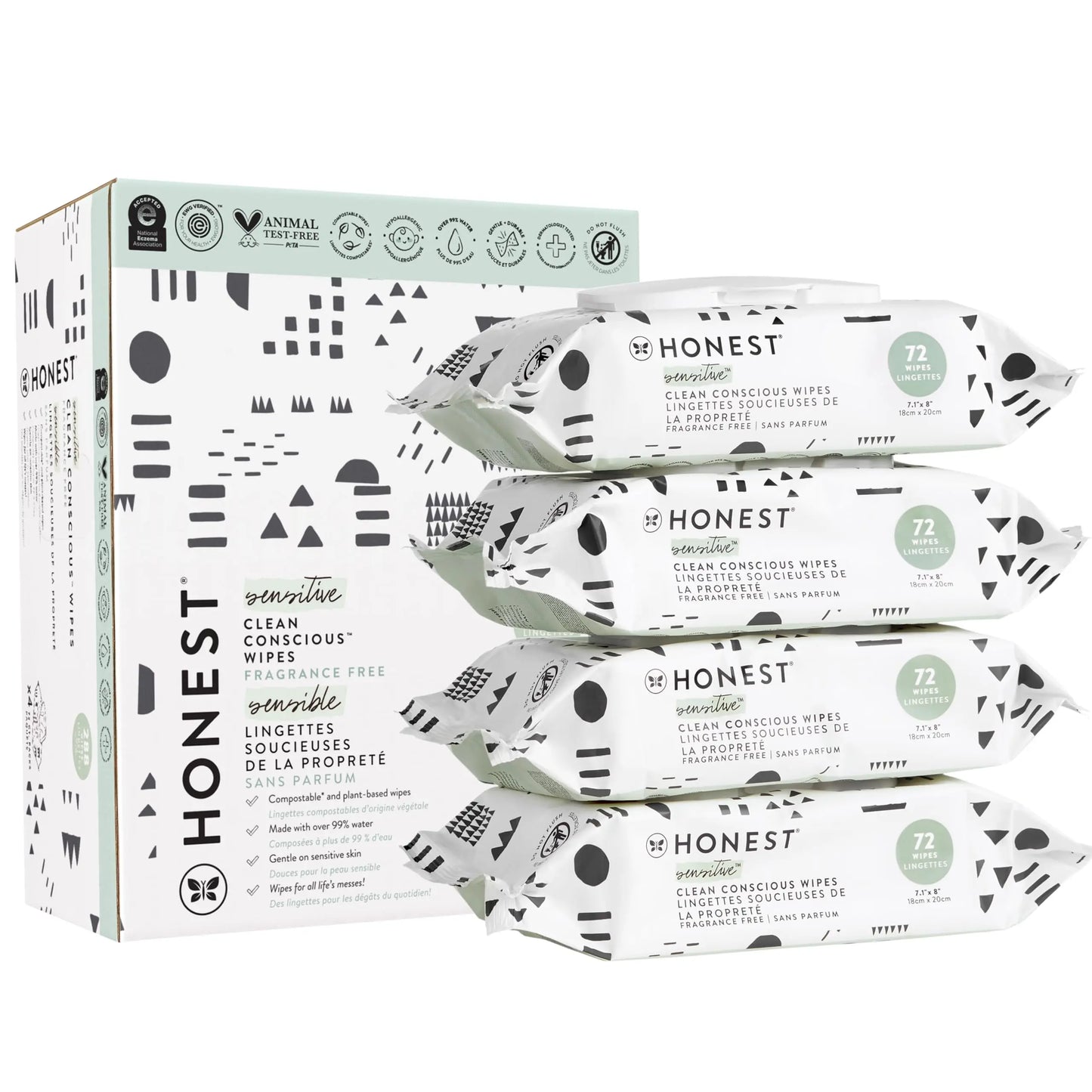 The Honest Company Clean Conscious Unscented Wipes | Over 99% Water, Compostable, Plant-Based, Baby Wipes | Hypoallergenic for Sensitive Skin, EWG Verified | Pattern Play, 288 Count - Planet First Market