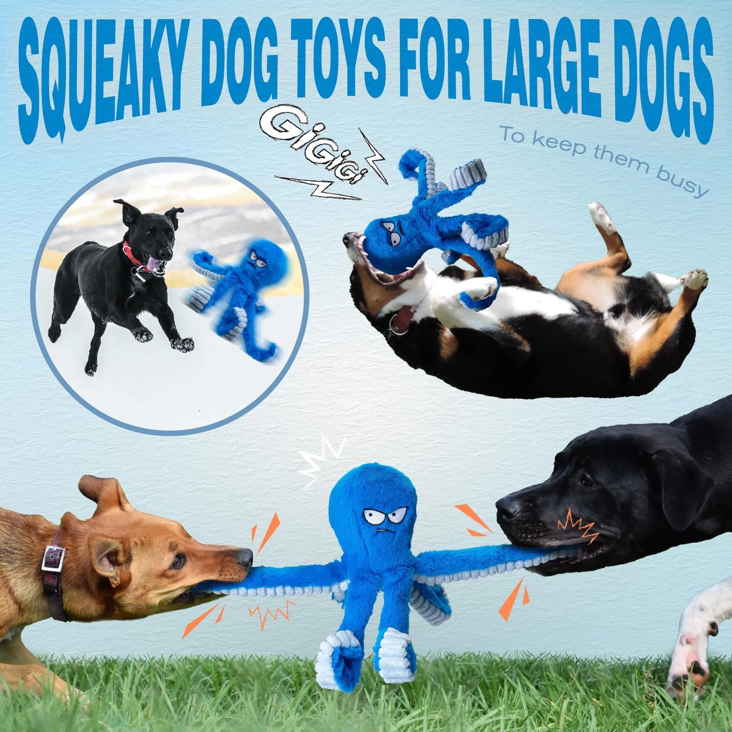 LEGEND SANDY Tough Dog Toys, Stuffed Dog Chew Toys, Large Dog Toys to Keep Them Busy, Interactive Dog Toys, Squeaky Dog Toys, Tug of War Dog Toy, Crinkle Dog Toy (Blue Octopus) - Planet First Market