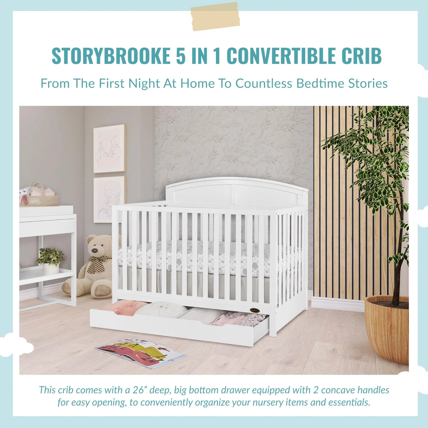 Dream On Me Storybrooke 5 in 1 Convertible Crib with Storage Drawer in White, JPMA & Greenguard Gold Certified, Made of Sustainable Pinewood, Non-Toxic Water-Based Paint Finish - Planet First Market