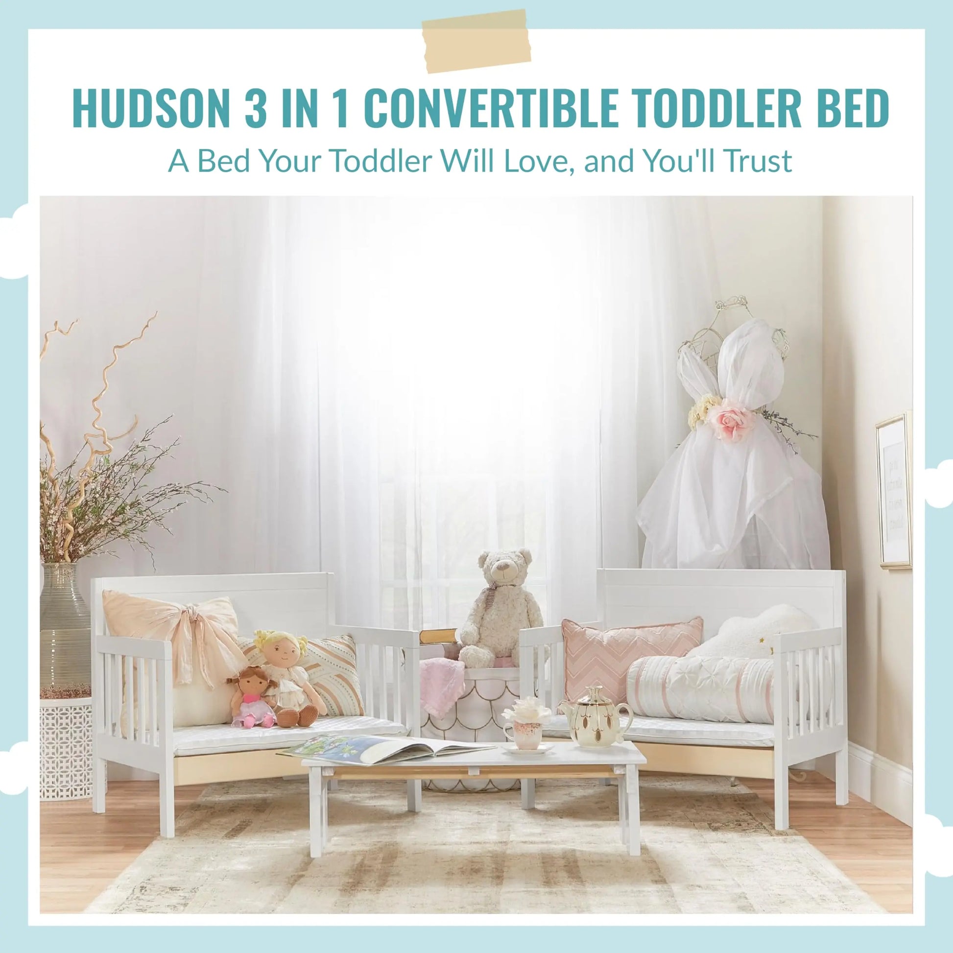 Dream On Me Hudson 3 In 1 Convertible Toddler Bed In White, Greenguard Gold Certified, JPMA Certified, Non Toxic Finishes, Made of Sustainable New Zealand Pinewood - Planet First Market