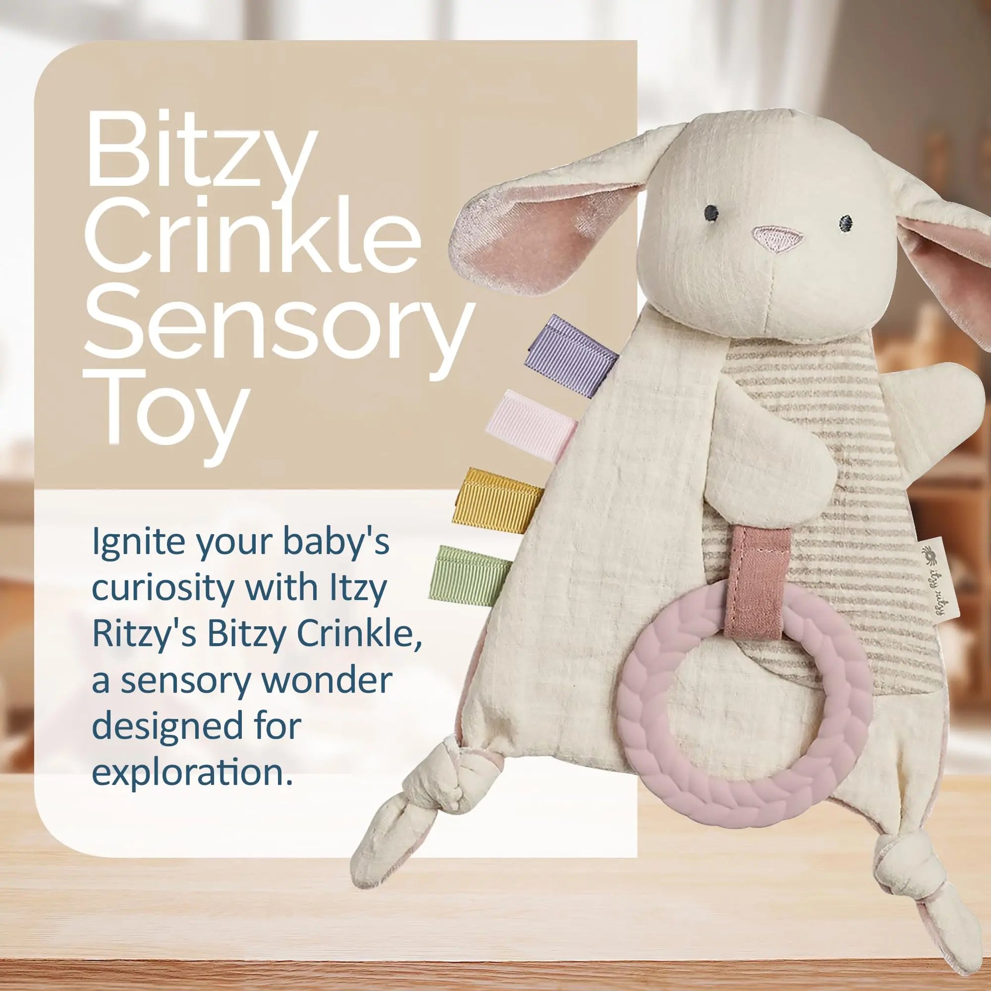 Itzy Ritzy - Bitzy Crinkle Sensory Toy Bunny with Crinkle Sound for Babies & Toddlers - Features Soft Braided Teething Ring & Textured Ribbons, Designed for Ages 0 Months and Up, Bunny - Planet First Market