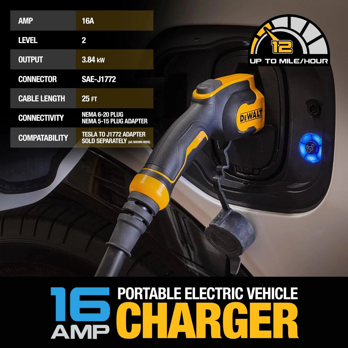 DEWALT Level 1 & 2 Portable Electric Vehicle (EV) Charger, 16 Amps, 120-240V, CSA Certified Indoor/Outdoor, NEMA 6-20 with 5-15 Adapter Included, 25 ft. Cable, 2024 Model - Planet First Market