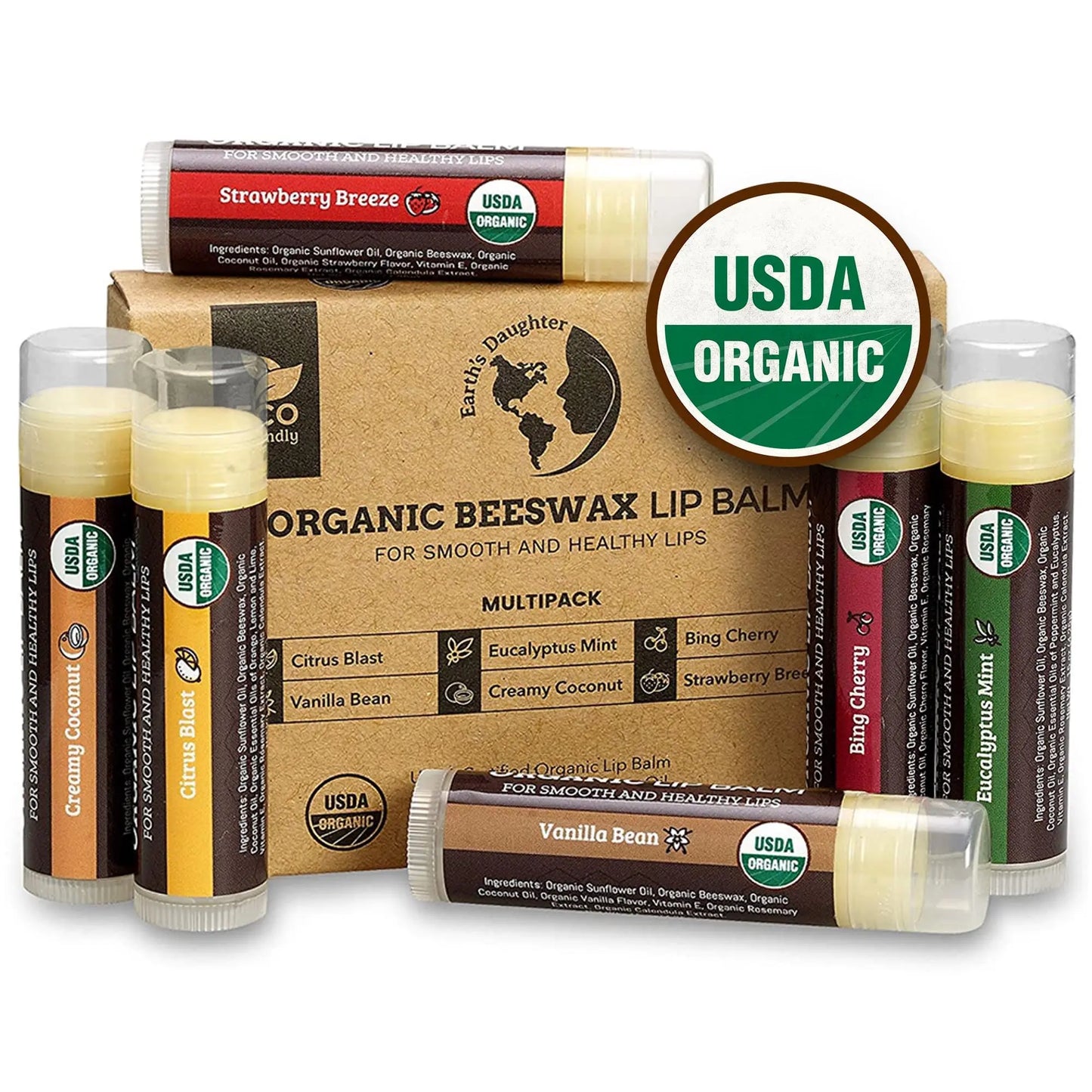 USDA Organic Lip Balm 6-Pack by Earth's Daughter - Fruit Flavors, Beeswax, Coconut Oil, Vitamin E - Best Lip Repair Chapstick for Dry Cracked Lips - Moisturizing Lip Care - Planet First Market