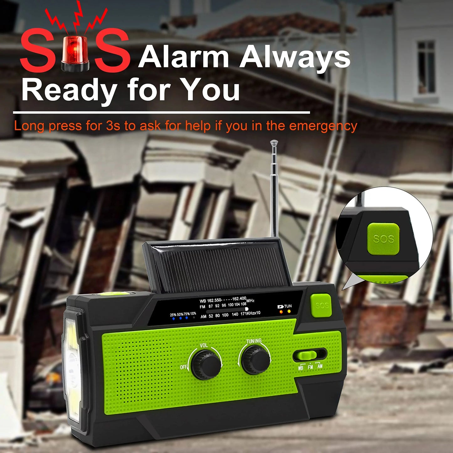 Emergency Crank Weather Radio, 4000mAh Solar Hand Crank Portable AM/FM/NOAA, with 1W 3 Mode Flashlight & Motion Sensor Reading Lamp, Cell Phone Charger, SOS for Home and Emergency Green - Planet First Market