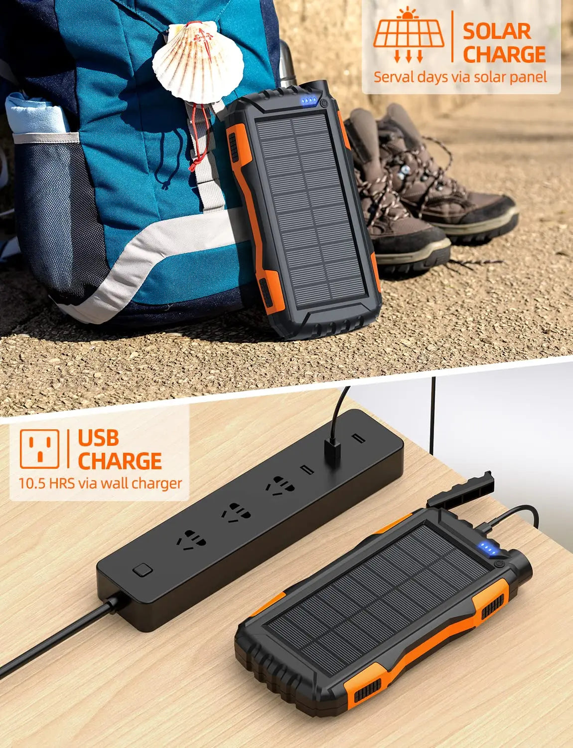 Power-Bank-Solar-Charger - 42800mAh Portable Charger,Solar Power Bank,External Battery Pack 5V3.1A Qc 3.0 Fast Charger Built-in Super Bright Flashlight (Orange) - Planet First Market