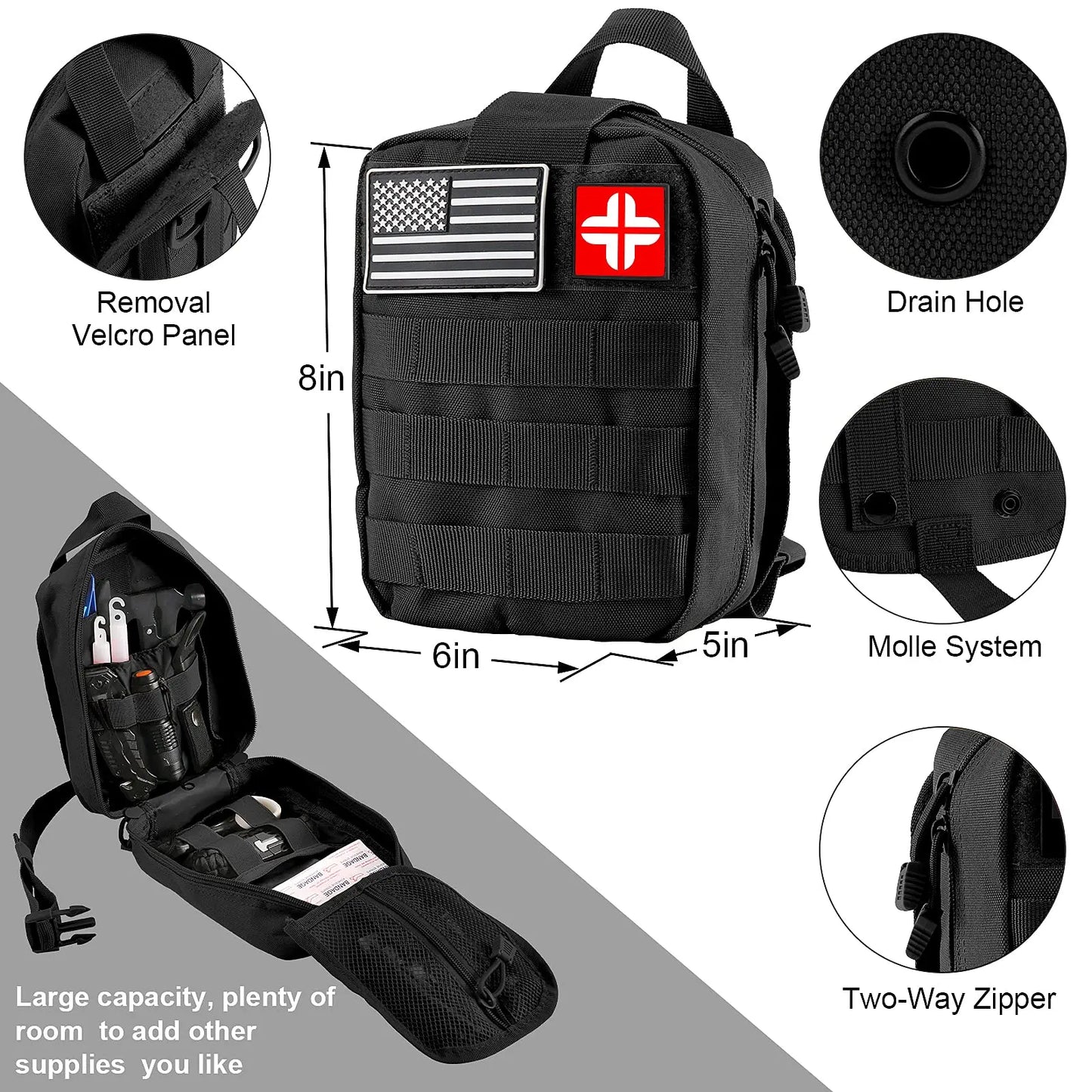 Survival Kit and First Aid Kit, 142Pcs Professional Survival Gear and Equipment with Molle Pouch, for Men Dad Husband Who Likes Camping Outdoor Adventure (Black) LUXMOM