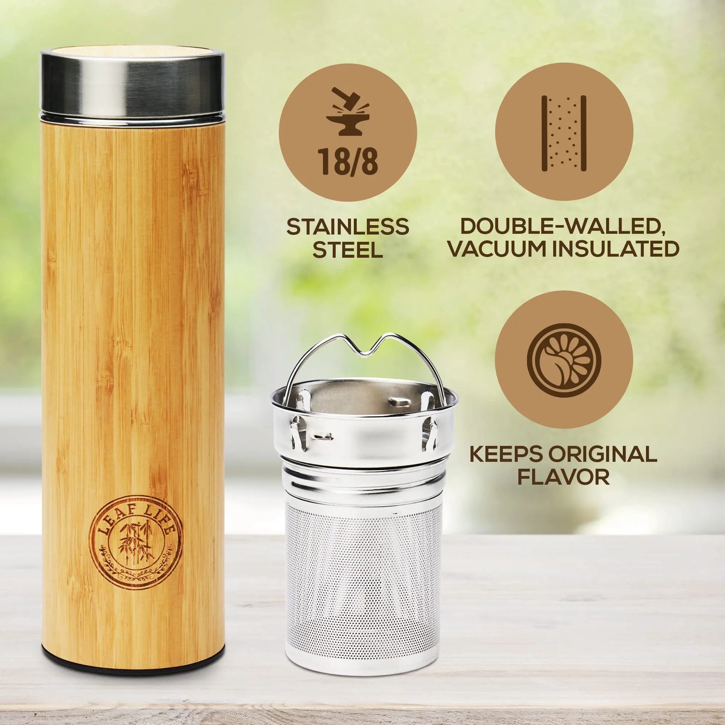 LeafLife Premium Bamboo Tea Bottle for Loose Tea - Tea Infuser Bottle - Tea Gifts - Insulated Water Bottle/Coffee Tumbler/Tea Thermos - Tea Gift Set, Tea Accessories - Tea Tumbler 17oz - Planet First Market