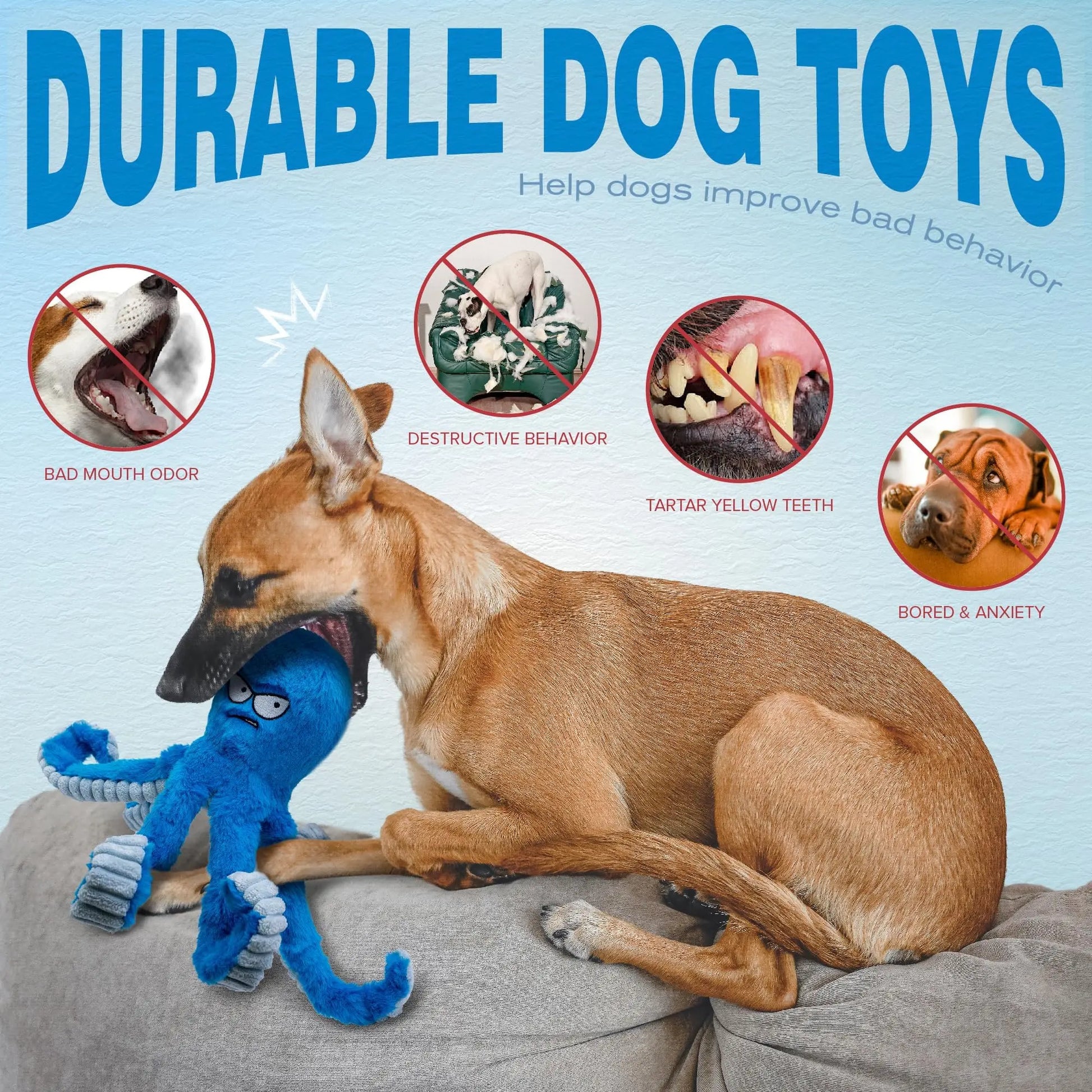 LEGEND SANDY Tough Dog Toys, Stuffed Dog Chew Toys, Large Dog Toys to Keep Them Busy, Interactive Dog Toys, Squeaky Dog Toys, Tug of War Dog Toy, Crinkle Dog Toy (Blue Octopus) - Planet First Market