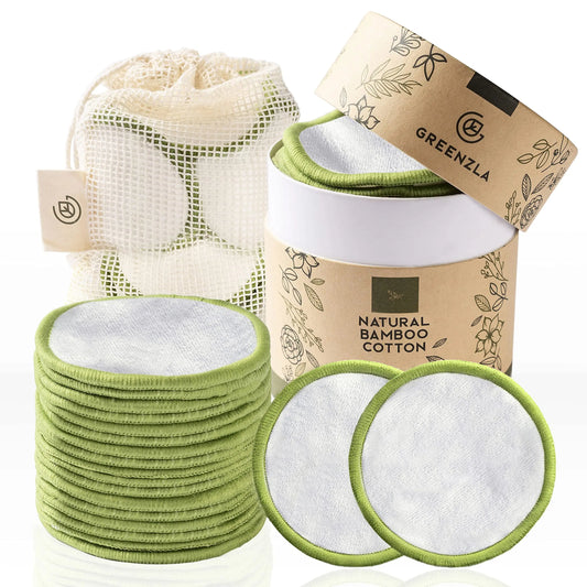 Greenzla Reusable Makeup Remover Pads, Washable Bamboo Cotton Rounds with Mesh Laundry Bag, Travel Pouch, Pad Holder - Reusable Cotton Rounds for All Skin Types - Perfect for Face Care, 20 Pack - Planet First Market