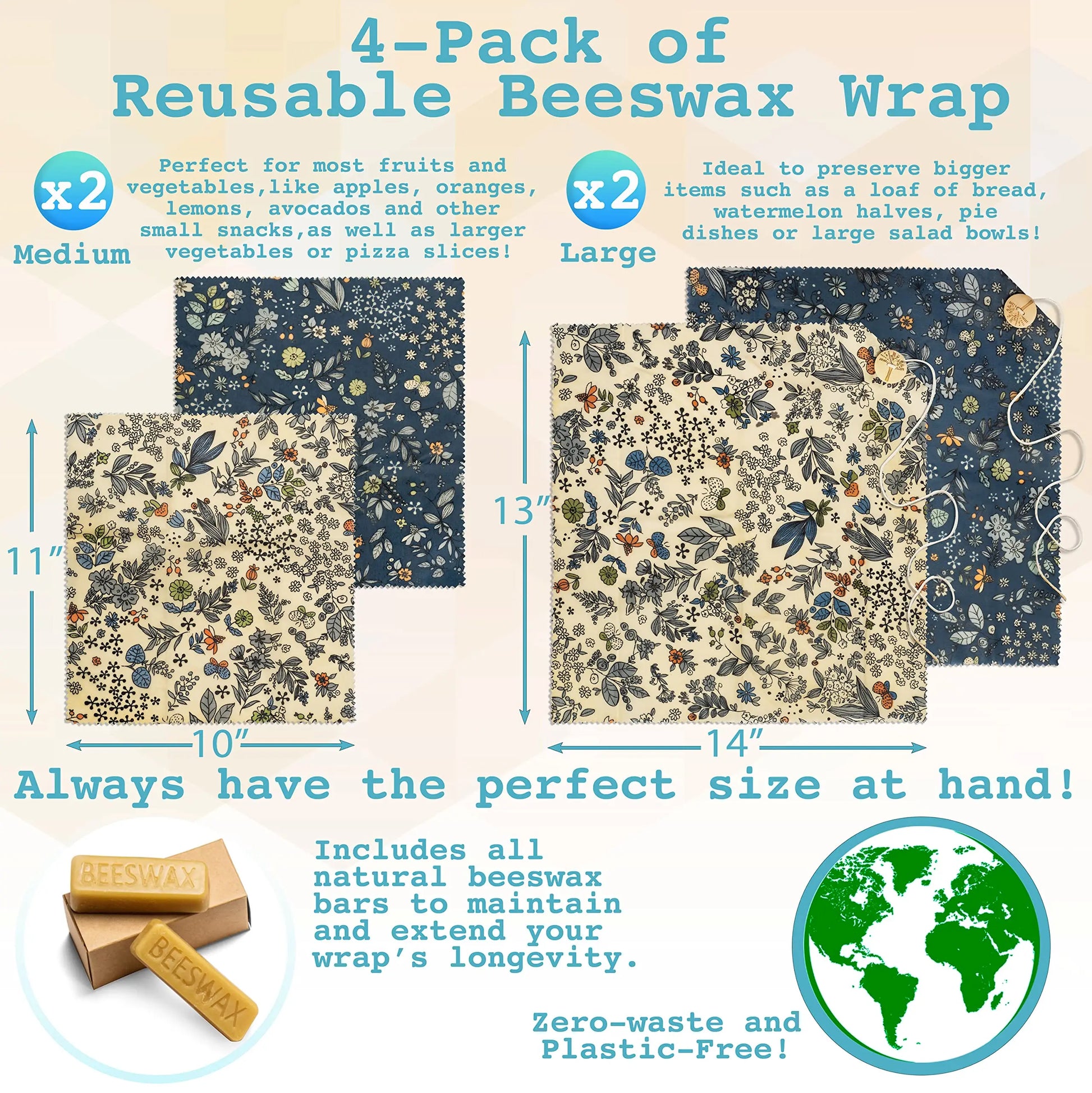 Reusable Beeswax Food Wrap- Beeswax Wraps - 4 Pack with Produce Bag and 2 Beeswax Bars- Bee Wrapping Paper Sheets with Wax- Bees - Eco Friendly Food Storage-Bread and Sandwich Wrap- Sustainable Gifts - Planet First Market