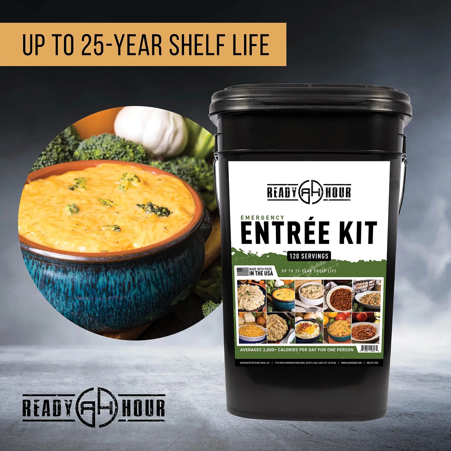 Ready Hour, Emergency Meal Entrées, Real Non-Perishable Meals, 25-Year Shelf Life, Portable Flood-Safe Container, 120 Servings Ready Hour