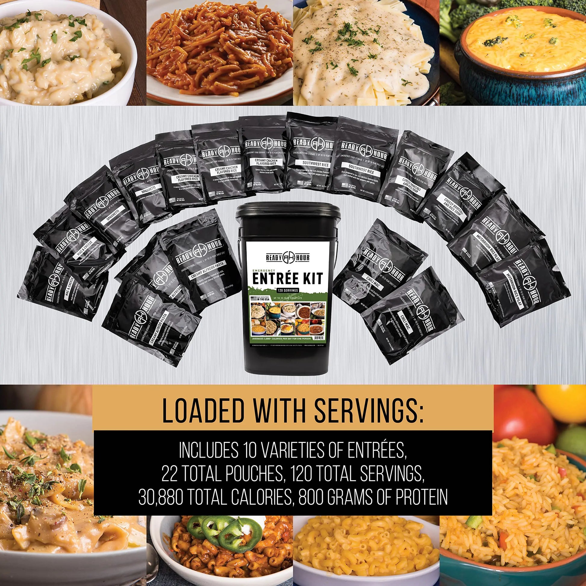 Ready Hour, Emergency Meal Entrées, Real Non-Perishable Meals, 25-Year Shelf Life, Portable Flood-Safe Container, 120 Servings Ready Hour