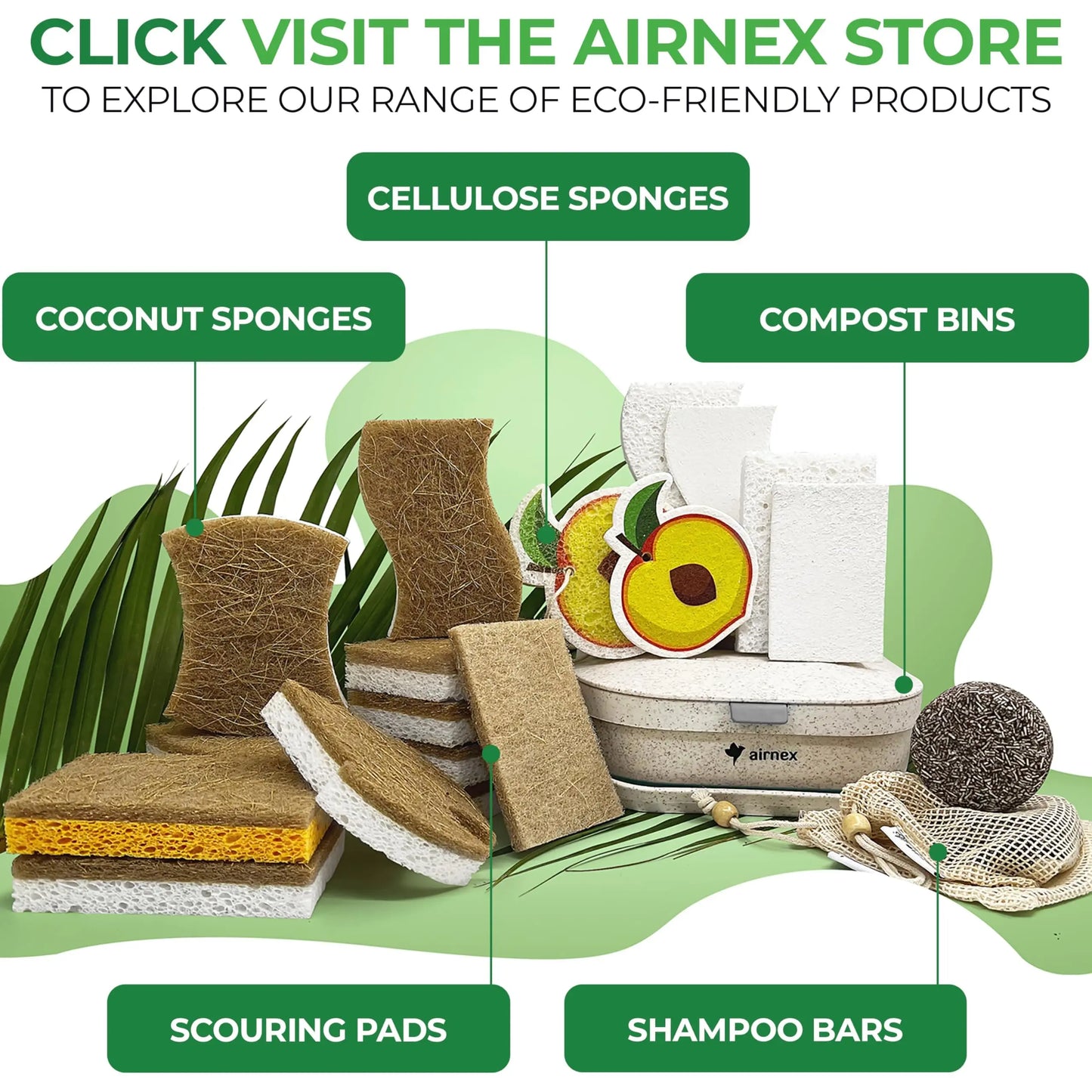 AIRNEX Natural Kitchen Sponge - Biodegradable Compostable Cellulose and Coconut Scrubber Sponge - Pack of 12 Eco Friendly Sponges for Dishes - Planet First Market