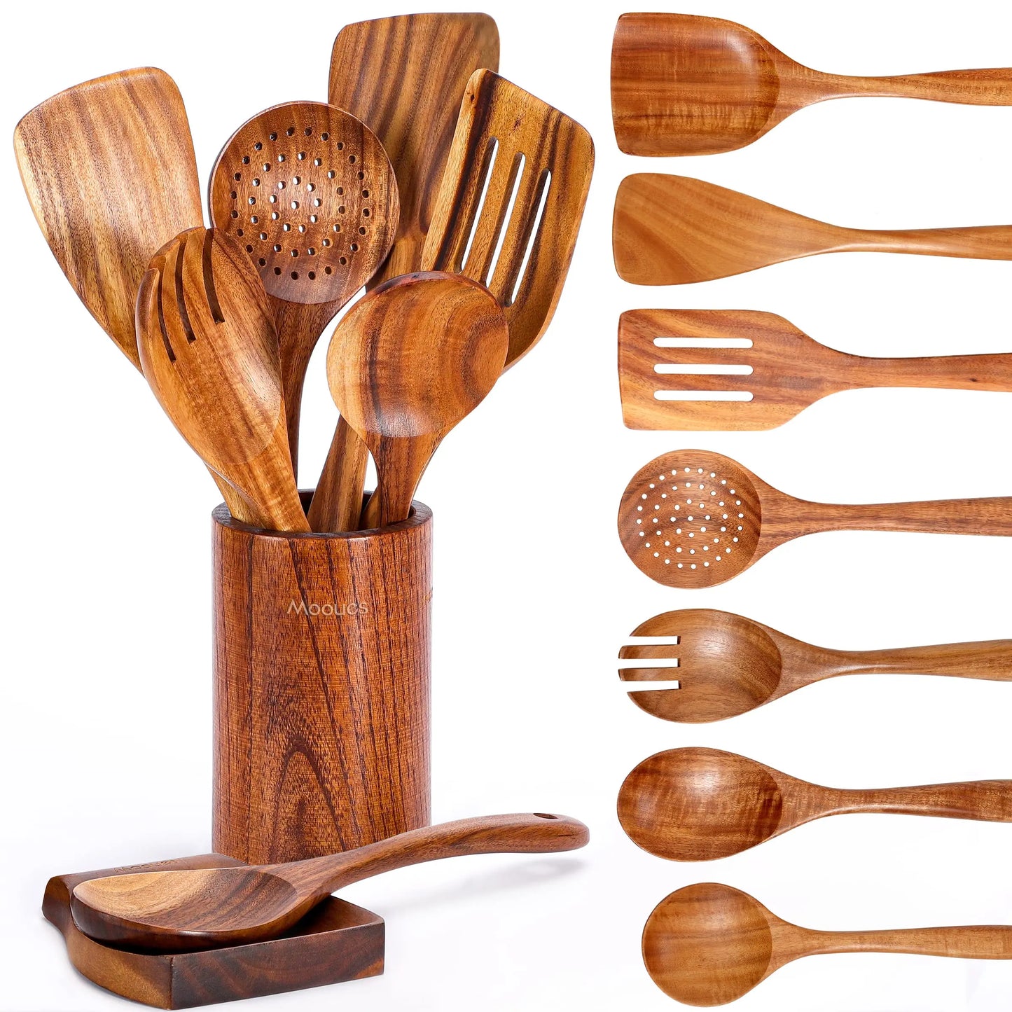 Mooues 9 Piece Natural Teak Wooden Kitchen Utensil Set with Spoon Rest - Comfort Grip Cooking Spoons and Utensils Holder - Planet First Market