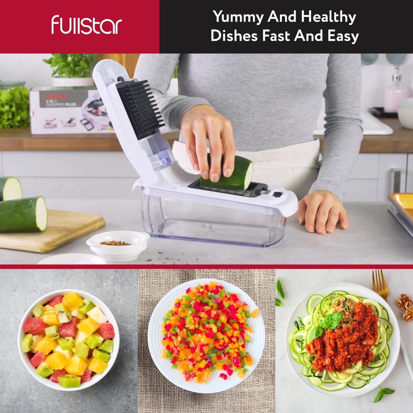 Fullstar Vegetable Chopper - Food Chopper - Onion Chopper - Vegetable Slicer & Spiralizer - Veggie Chopper with Container - Kitchen Gadgets - Home Essentials - Kitchen Accessories (4 in 1, White) fullstar