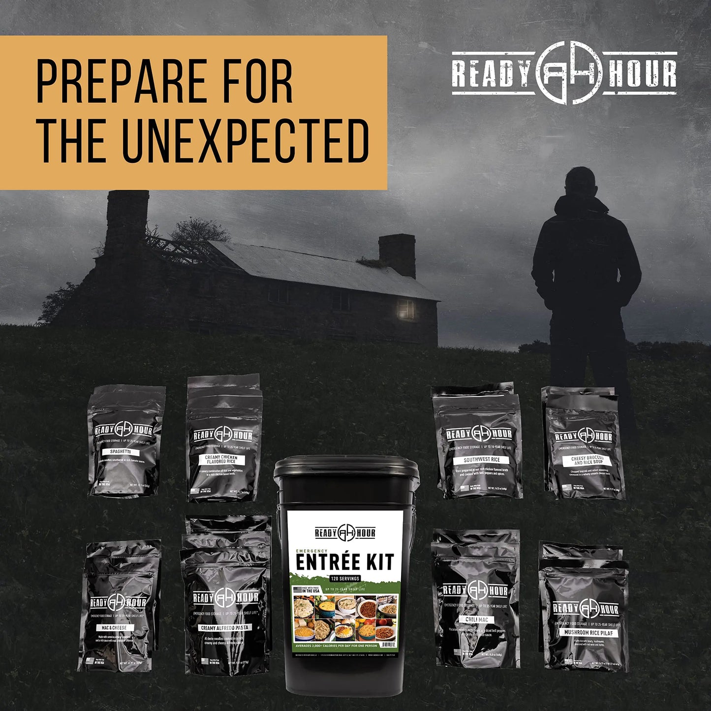 Ready Hour, Emergency Meal Entrées, Real Non-Perishable Meals, 25-Year Shelf Life, Portable Flood-Safe Container, 120 Servings Ready Hour