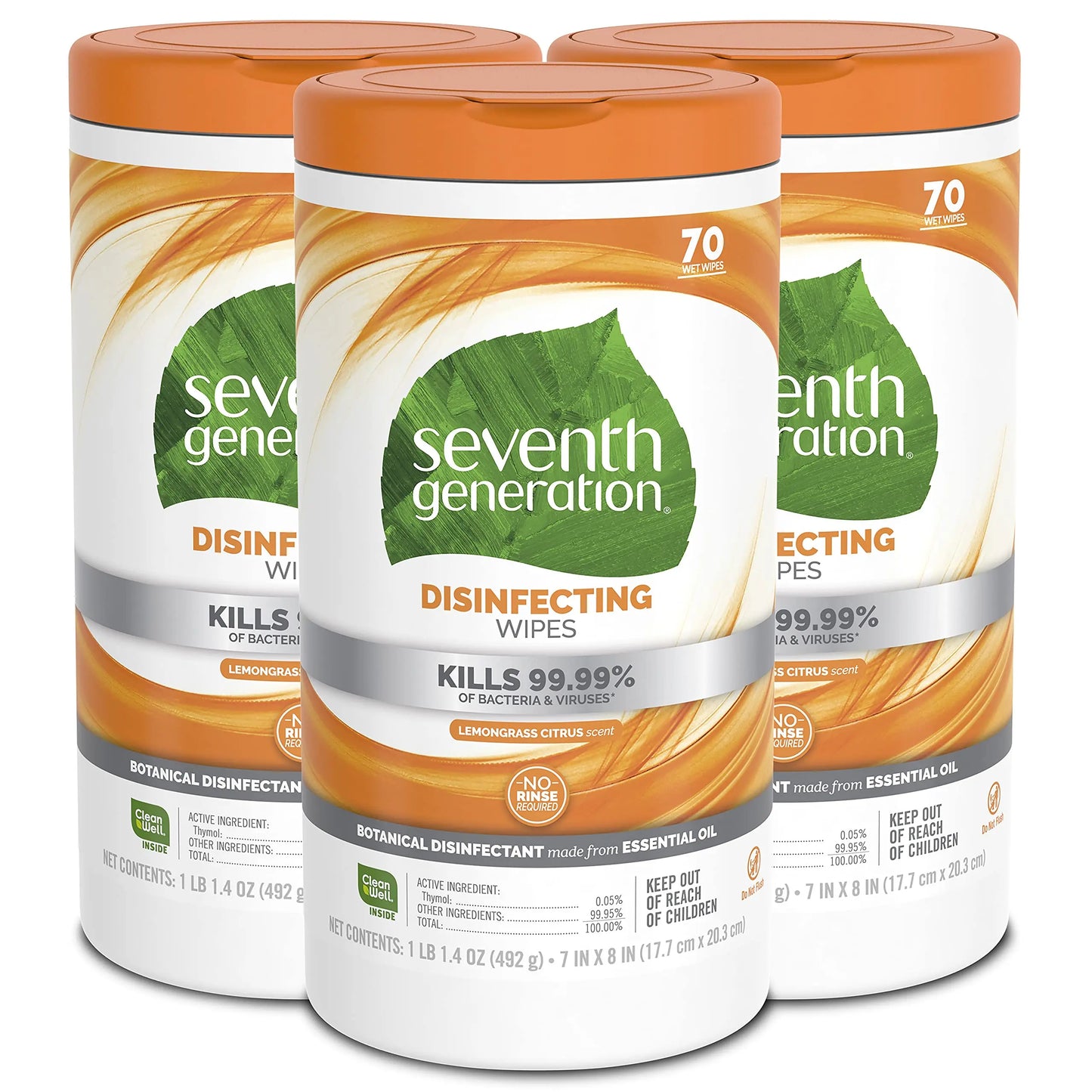 Seventh Generation Disinfecting Multi-Surface Wipes, Lemongrass Citrus, 70 Count, Pack of 3 (Packaging May Vary) - Planet First Market