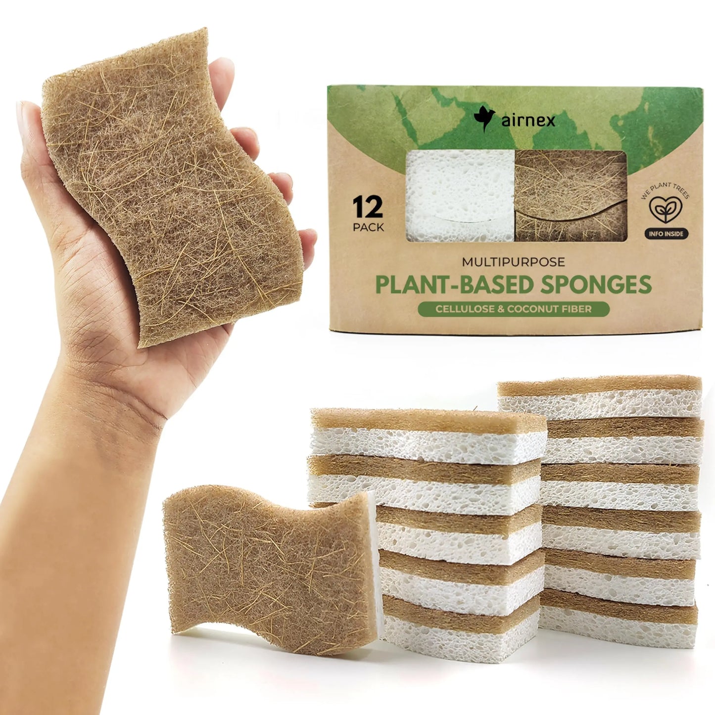 AIRNEX Natural Kitchen Sponge - Biodegradable Compostable Cellulose and Coconut Scrubber Sponge - Pack of 12 Eco Friendly Sponges for Dishes - Planet First Market