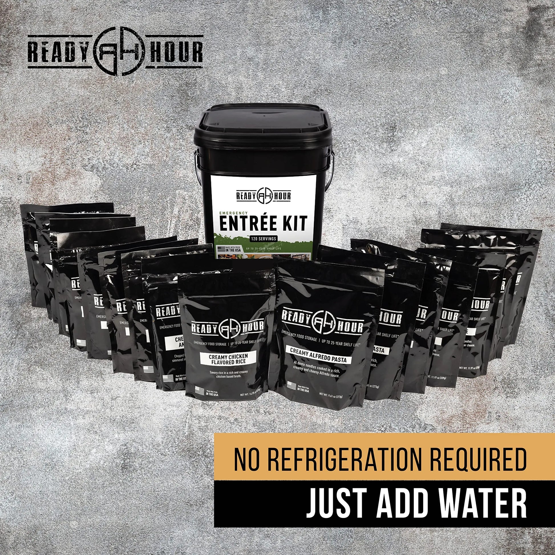 Ready Hour, Emergency Meal Entrées, Real Non-Perishable Meals, 25-Year Shelf Life, Portable Flood-Safe Container, 120 Servings Ready Hour