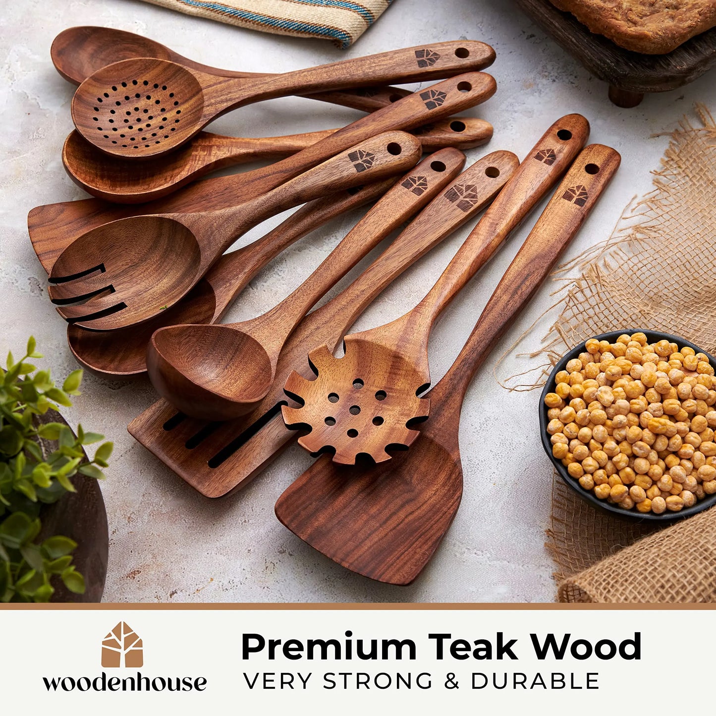 Wooden Spoons for Cooking, 10 Pcs Wooden Cooking Utensils Set – Wooden Utensil Set for Nonstick Pans & Cookware – Teak Wood - Sturdy, Lightweight & Heat Resistant - Planet First Market