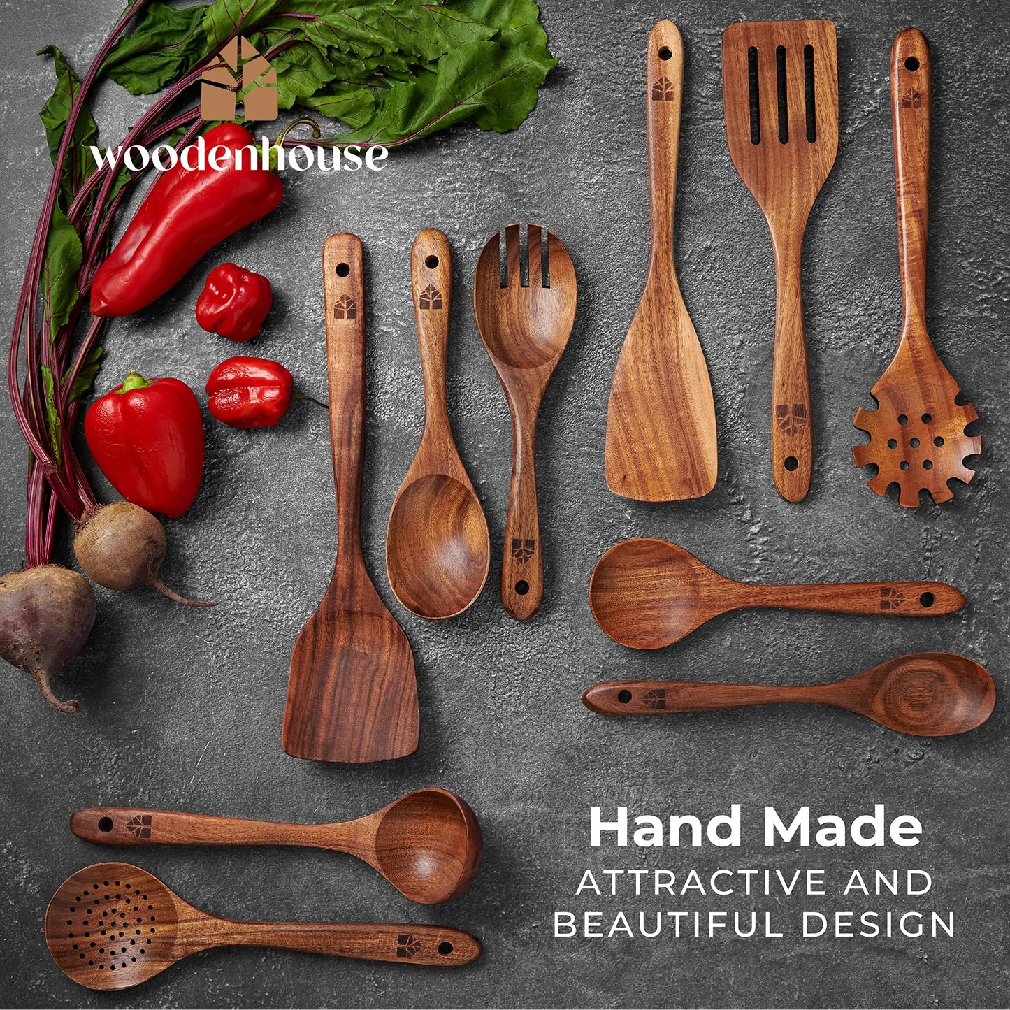 Wooden Spoons for Cooking, 10 Pcs Wooden Cooking Utensils Set – Wooden Utensil Set for Nonstick Pans & Cookware – Teak Wood - Sturdy, Lightweight & Heat Resistant - Planet First Market