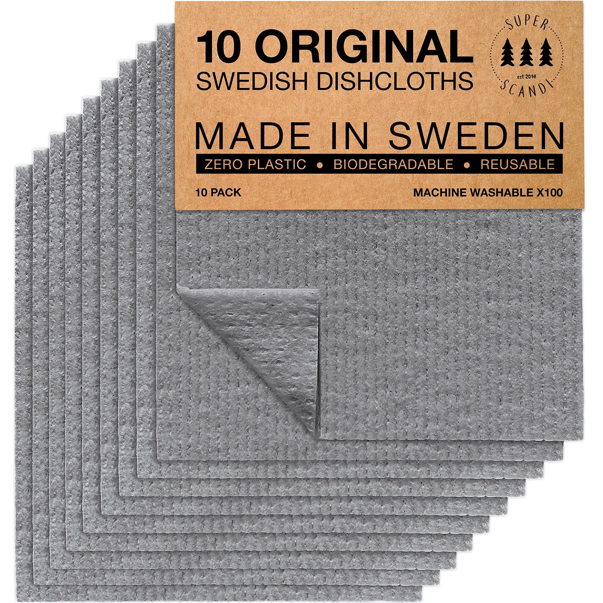 SUPERSCANDI Swedish Dish Cloth 10 Pack Eco Friendly Reusable Sustainable Biodegradable Cellulose Dish Cloths Kitchen Dish Rags Washing Wipes Paper Towel Replacement Washcloths (10 Pack Grey) - Planet First Market