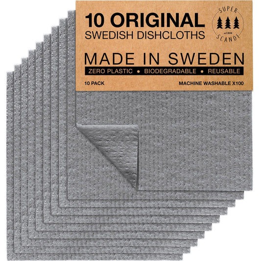 SUPERSCANDI Swedish Dish Cloth 10 Pack Eco Friendly Reusable Sustainable Biodegradable Cellulose Dish Cloths Kitchen Dish Rags Washing Wipes Paper Towel Replacement Washcloths (10 Pack Grey) - Planet First Market